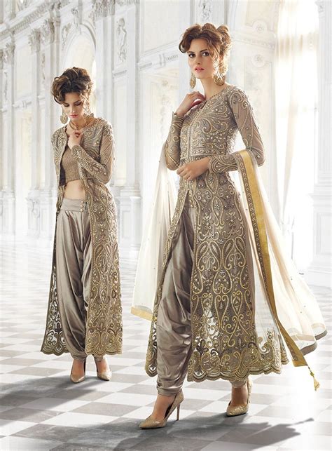 Grey Designer Wear Indian Dhoti Style Anarkali Suit In Net Indian Dresses Fashion Indian Fashion