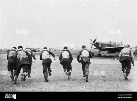 Fighter Pilots Scramble During The Battle Of Britain In 1940 Stock