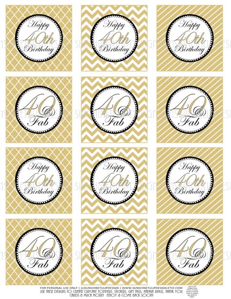 40th Birthday Cupcake Toppers Printable Gold And Black 40th Etsy