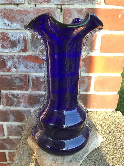 Vintage Cobalt Blue Vase Hand Blown Art Glass Tall Etsy