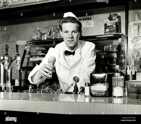 Soda Jerk Making An Ice Cream 1950 1960s Stock Photo Alamy