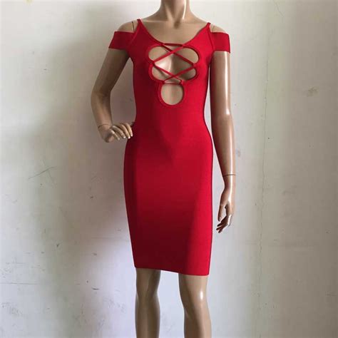 Factory Wholesale New Dress Red V Neck Hollow Out Stretch Tight Fashion