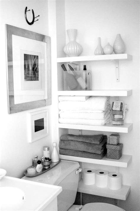 Awesome White Hardwood Floating Shelves As Corner Bathroom Storage