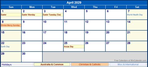 April 2029 Australia Calendar With Holidays For Printing Image Format