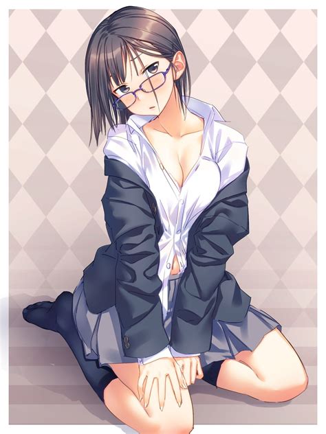 Wallpaper Illustration Anime Girls Short Hair Brunette Glasses Sitting Cartoon Black
