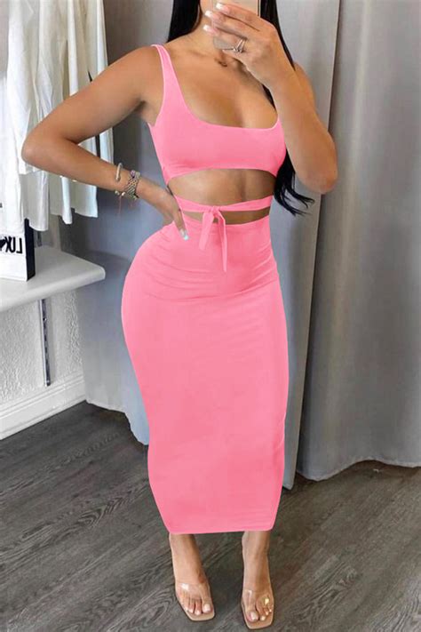 Pink Fashion Sexy Solid Backless Strap Design U Neck Sleeveless Two