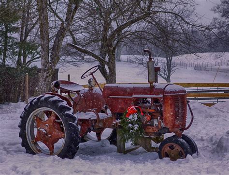 Winter Snow Nature Landscape Tractor Farm Rustic Wallpaper
