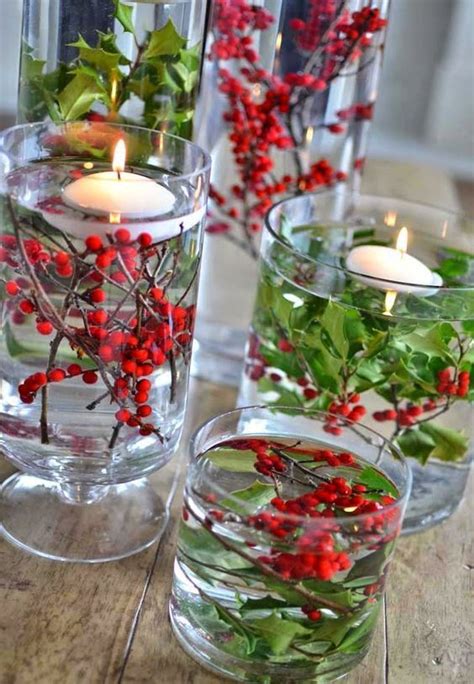 Easy Holly Centerpiece In A Glass Vase With Floating Candles Diy