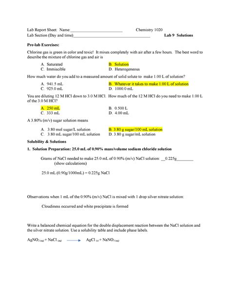 Chemistry 1020 Lab 9 Solution Lab Report Sheet Name