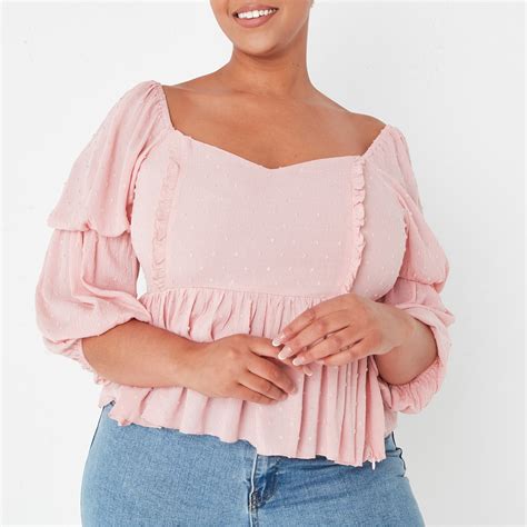 Missguided Plus Size Dobby Puff Sleeve Peplum Top Blouses Long