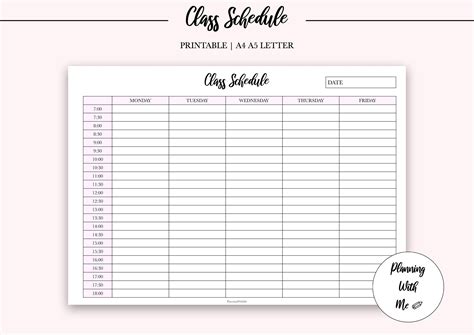 Printable Class Schedule School Schedule Class Timetable A4 A5 Letter