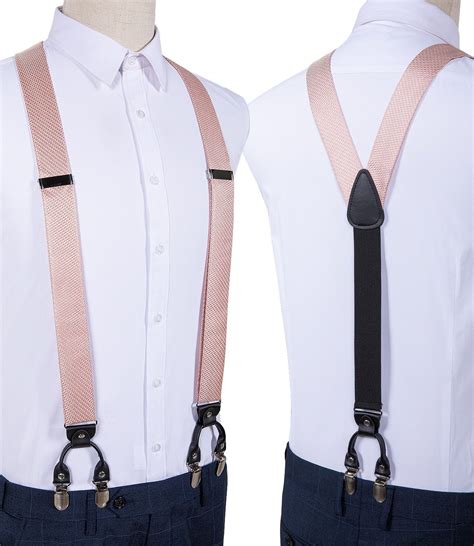 men fashion pink suspenders bow tie set leather 6 clips braces elastic silk suspenders wedding