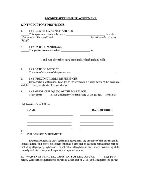 Uncontested Divorce Settlement Agreement Template