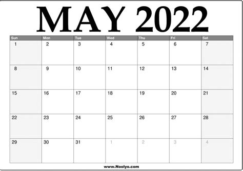 2022 May Calendar Printable Download Free