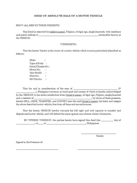 Deed Of Absolute Sale Of A Motor Vehicle Pdf Deed Philippines