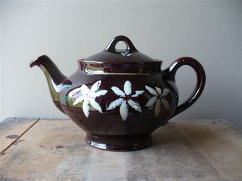 Vintage Ceramic Teapot Brown With White Flower Decorative Etsy Tea