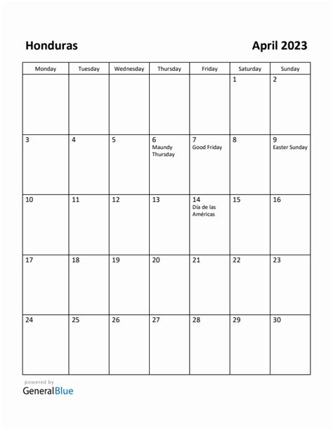 Free Printable April 2023 Calendar For Honduras