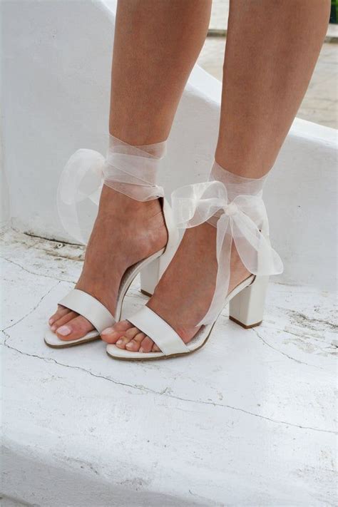 Ivory Wedding Sandals Block Heel Wedding Heels Organza Laces Ivory