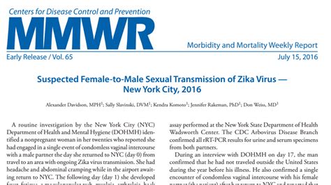 Report On Female To Male Sexual Transmission Of Zika Virus The New