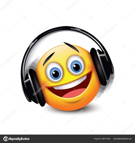 Ilustração Vetorial Emoticon Amarelo Feliz Ouvindo Música Fones Ouvido