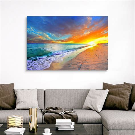 Orange Sunset Beach Turquoise Ocean Canvas Wall Art Print Coastal Home