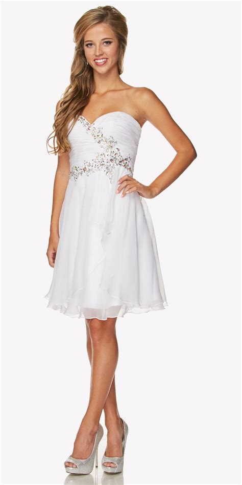Short Semi Formal White Dress Overlay Skirt Strapless Ruching