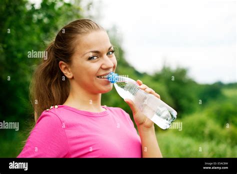Young Woman Drinking Water Debica Poland Stock Photo Alamy