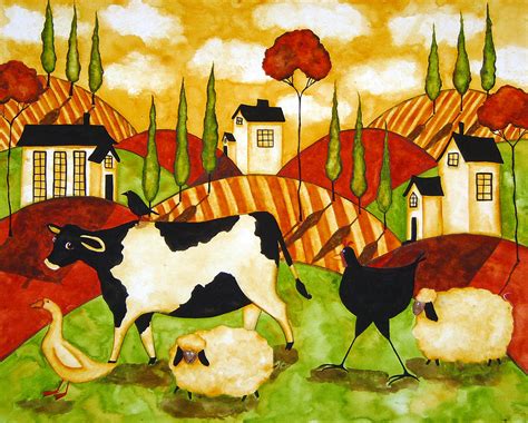 Hubbs Children Art Folk Prints Farm Animals Cow Sheep