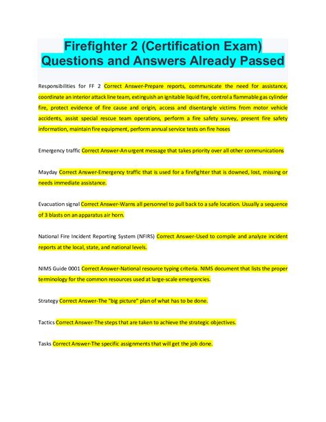 Firefighter 2 Certification Exam Questions And Answers Already Passed