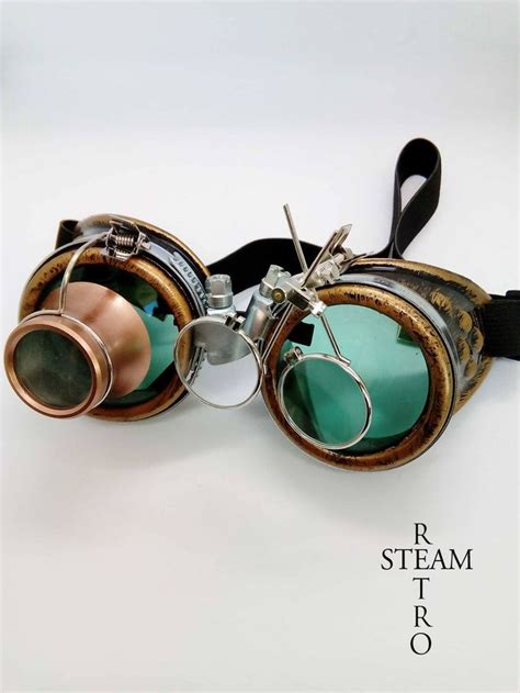bronze steampunk goggles double loupe green lens cyber etsy steampunk accessories steampunk