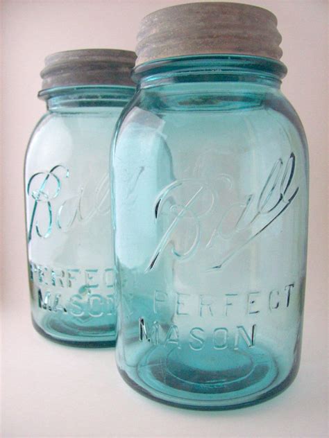 Vintage Blue Ball Mason Quart Jars With Zinc Lids