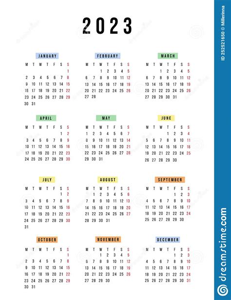 English Vertical Calendar 2023 Year Vector Stationery Calendar Week