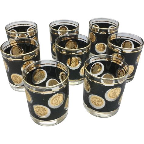 Mid Century Set Of 8 Libbey Gold Coin Collection 3 5 Rocks Cocktail Glasses Coin Shop Gold