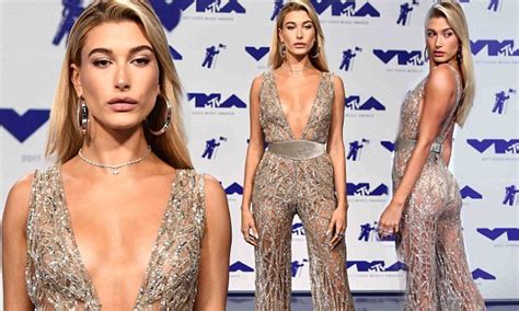 Hailey Baldwin Dazzles In Plunging Sheer Jumpsuit At Vmas Daily Mail Online