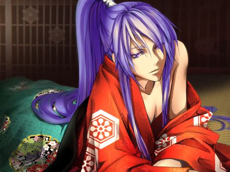 All Male Japanese Clothes Kamui Gakupo Long Hair Male Ponytail Purple Eyes Purple Hair Vocaloid