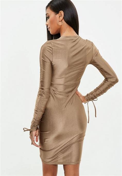 Gold Ruched Full Sleeve Bodycon Dress Missguided