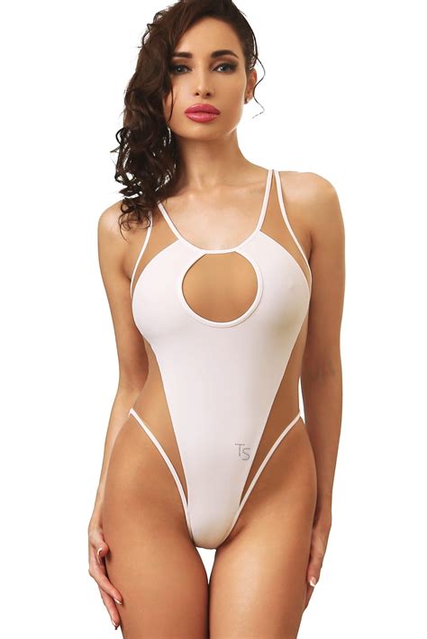 Fashion White Nude Sports One Piece Swimsuit Sheer High Cut Bodysuit