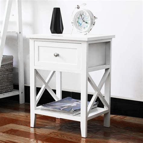 Exqui Bedside Table With Shelf And Drawer White Nightstand For Bedroom
