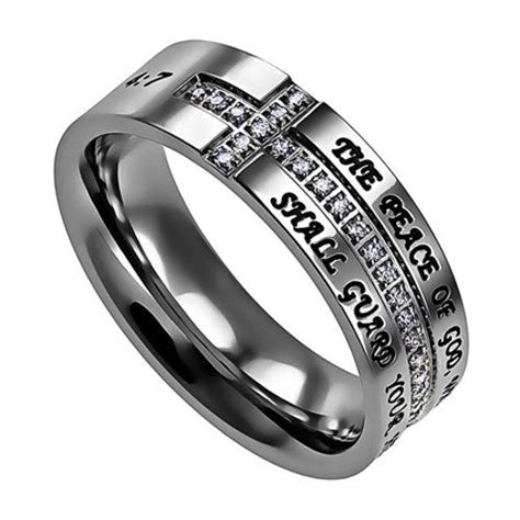 Peace Of God Side Cross Ring With Engraved Bible Verse And Cz Stones