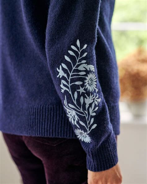 Navy Embroidered Flower Knitted Jumper Woolovers Uk