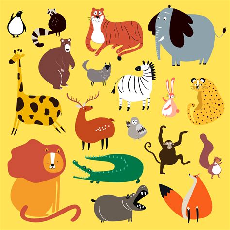 Collection Of Cute Wild Animals In Cartoon Style Vector Download Free