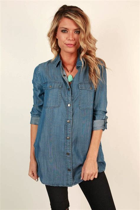 Weekend Getaway Chambray Button Up Tunic Women Clothing Boutique