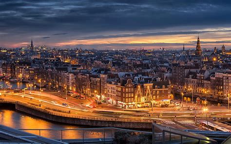 Amsterdam Netherlands Cityscape Skyline City Lights Evening Hd