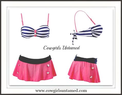 Cowgirl Pinup Sailor Swimsuit Striped Button High Waist Bikini Sailor