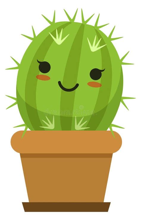 Baby Cacti Pot Green Cartoon Cactus With Happy Face Stock Vector