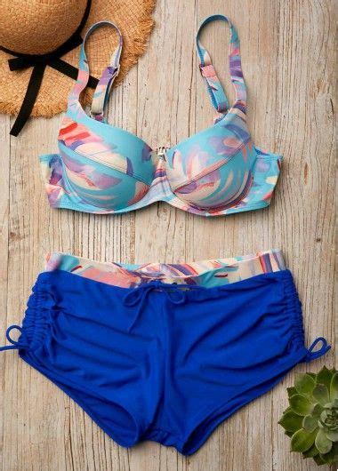 Womens Blue Underwire Swimsuit Bikini Set Printed Bikini Bra And