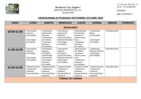 Cronograma Actividades Septiembre Octubre 2020 Residencia De Mayores