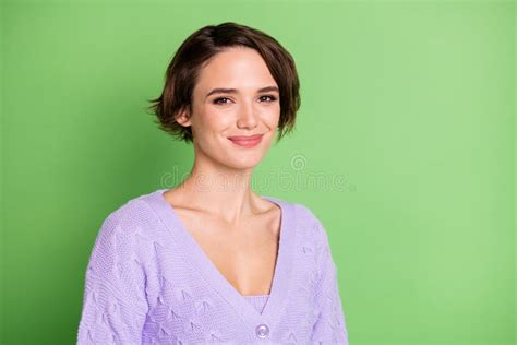 Portrait Of Half Turned Adorable Lady Smile Look Camera Wear Purple Isolated On Green Color