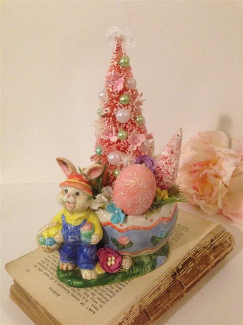 Vintage Easter Bunny Planter Decoration Bottle Brush Trees Etsy