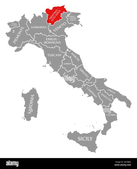 Trentino South Tyrol Red Highlighted In Map Of Italy Stock Photo Alamy